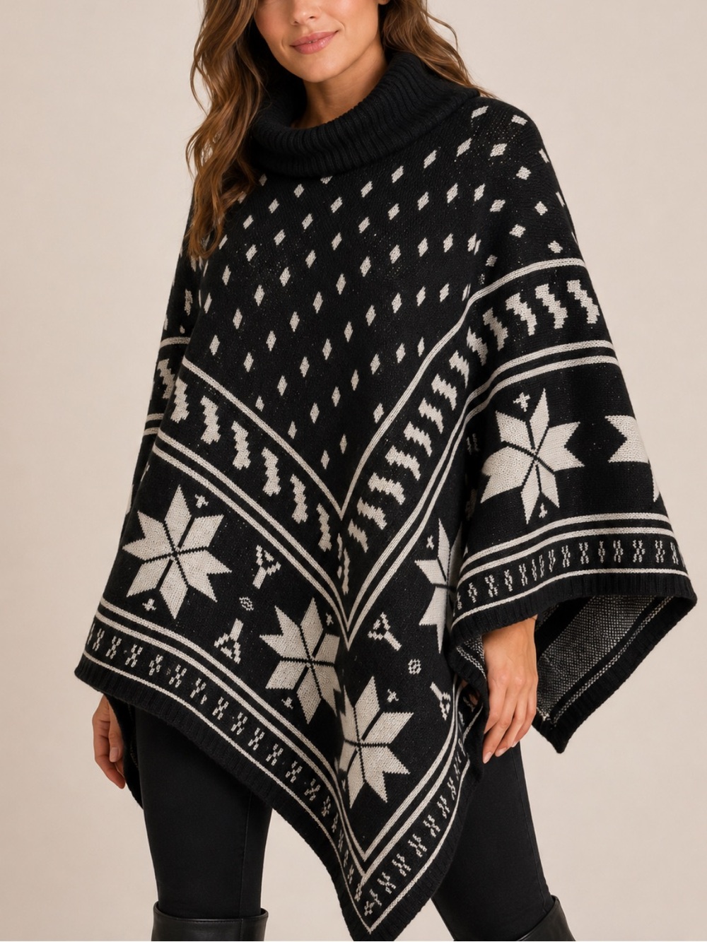 Boston Proper Black & Ivory Fair Isle Snowflake Cowl Neck Poncho Wool Sweater